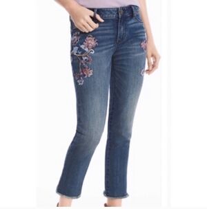 WHBM The Straight Cropped Embroidered Jeans Size 2 Floral Denim Distressed